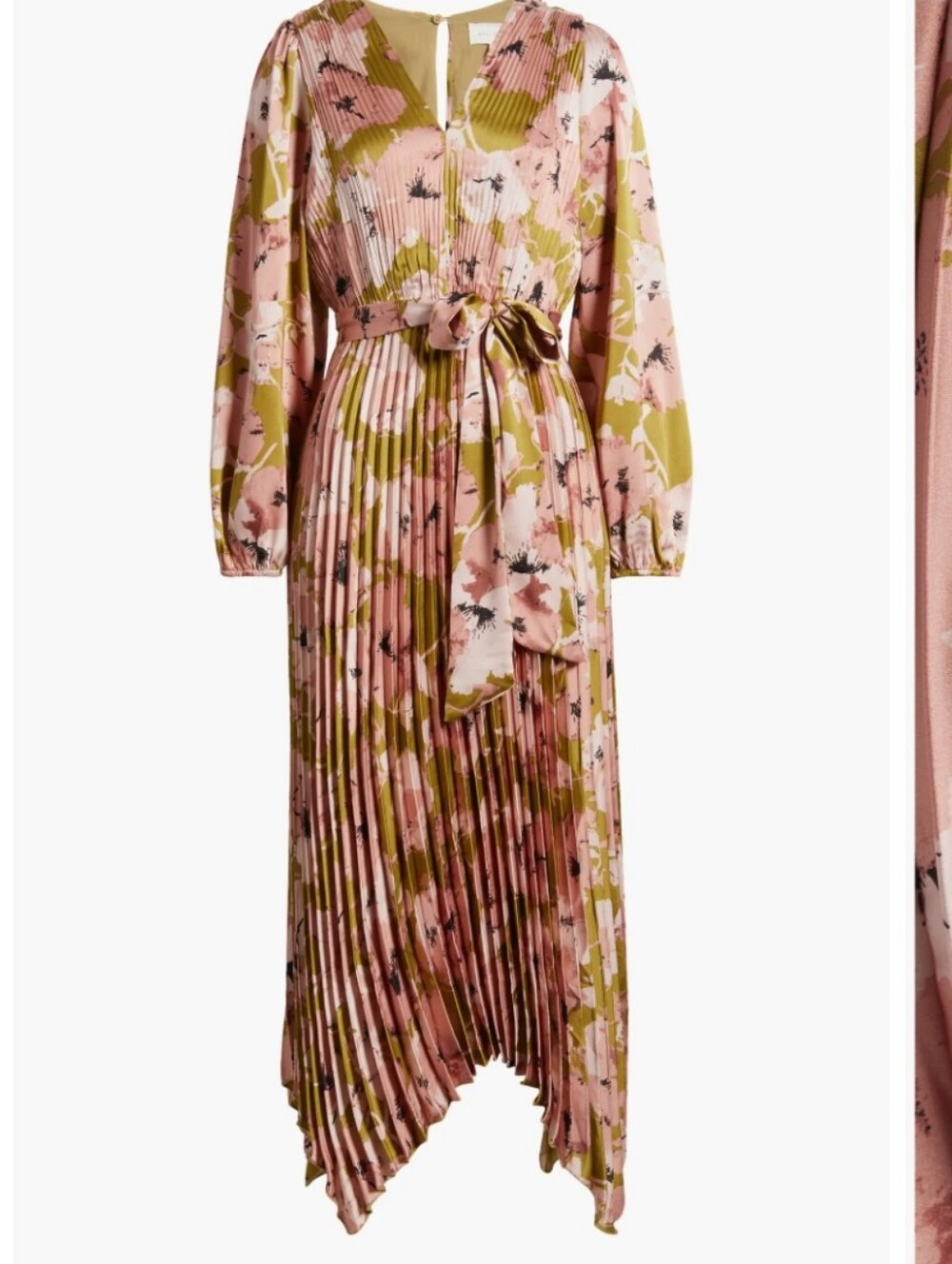 MELLODAY Pink Floral Pleated High-Low Midi Dress with Olive Accents - Picture 6 of 10